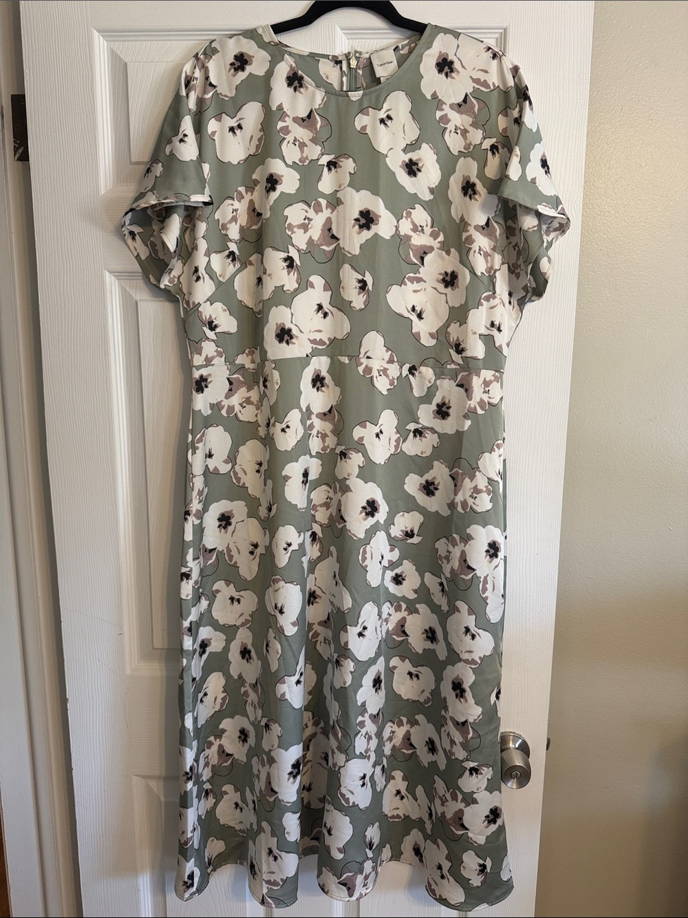 Calvin Klein Sage Floral Midi Dress with White Blooms